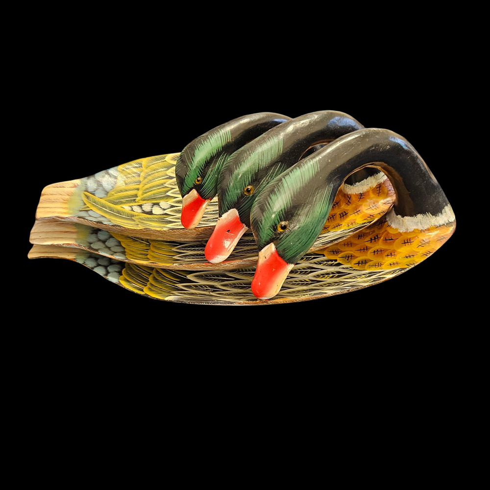 Vintage Hand Painted Carved Wood Mallard Duck Nesting Bowls Set of 3 Folk Art